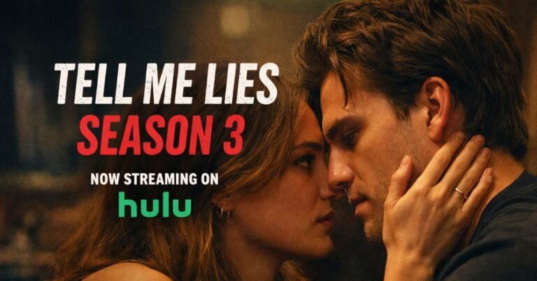 Tell Me Lies Season 3 featured image showing Lucy and Stephen in an intense close-up moment, highlighting the drama streaming on Hulu.
