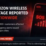 News-style featured image showing a smartphone with an SOS and no-signal display beside bold graphics indicating a nationwide Verizon Wireless outage, using dark tones with red accents in a breaking news layout.