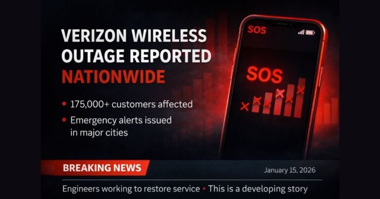News-style featured image showing a smartphone with an SOS and no-signal display beside bold graphics indicating a nationwide Verizon Wireless outage, using dark tones with red accents in a breaking news layout.