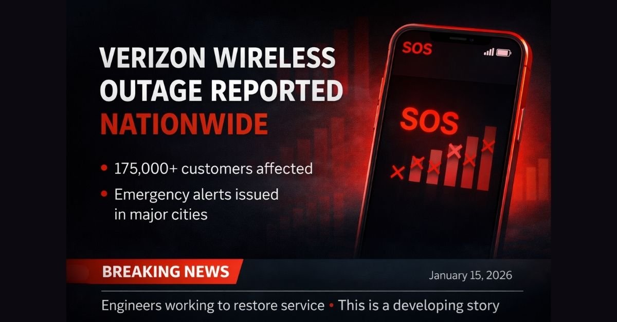 News-style featured image showing a smartphone with an SOS and no-signal display beside bold graphics indicating a nationwide Verizon Wireless outage, using dark tones with red accents in a breaking news layout.
