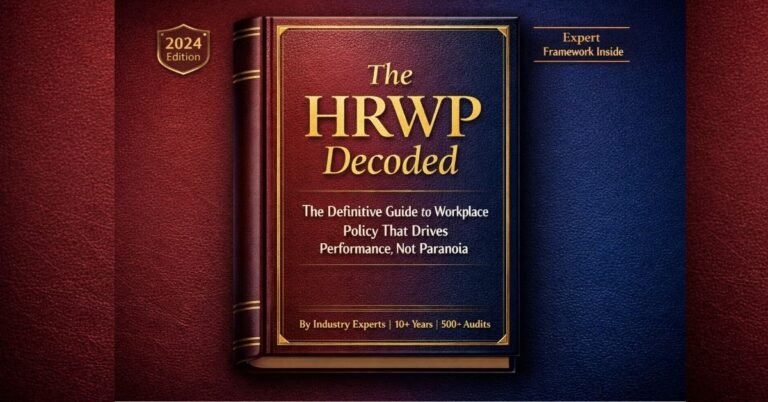 Premium book cover–style featured image for “The HRWP Decoded,” featuring a rich burgundy to deep navy gradient background, gold foil serif title, white subtitle about workplace policy, expert byline, 2024 edition badge, and sophisticated leather-textured design.