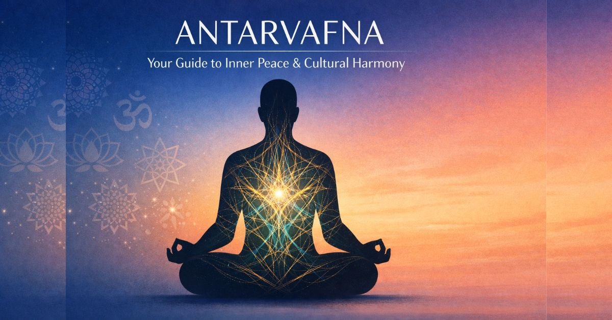 “Serene modern illustration of a meditating human silhouette centered against a twilight-to-peach gradient background. Inside the silhouette, glowing golden and soft turquoise threads form an intricate inner weaving pattern symbolizing self-reflection. Semi-transparent cultural symbols and mandala-like motifs float on the left, representing cultural harmony. Clean, minimalist design with the title ‘ANTARVAFNA: Your Guide to Inner Peace & Cultural Harmony’ displayed prominently at the top.”