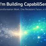 “Professional hero image illustrating the journey from transformation chaos to capability clarity. The left side shows abstract scattered puzzle pieces and disconnected nodes in muted gray and blue tones representing organizational capability fog. The center features a glowing transition beam with AI-inspired circuit lines organizing the chaos. The right side displays a clear, connected capability map with bright teal, green, and electric blue nodes symbolizing capability intelligence and strategic clarity. Headline text reads ‘Why I’m Building CapabiliSense’ with a subheadline about 30 years of transformation work.”