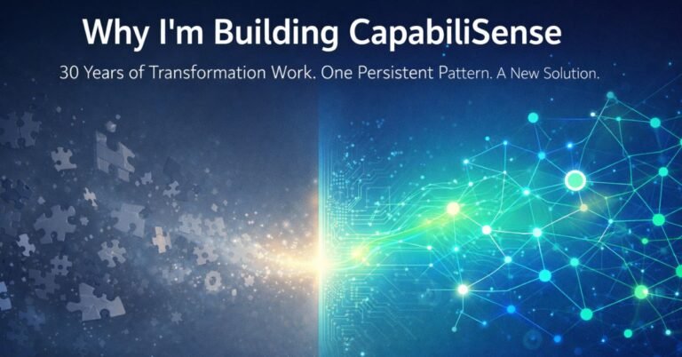 “Professional hero image illustrating the journey from transformation chaos to capability clarity. The left side shows abstract scattered puzzle pieces and disconnected nodes in muted gray and blue tones representing organizational capability fog. The center features a glowing transition beam with AI-inspired circuit lines organizing the chaos. The right side displays a clear, connected capability map with bright teal, green, and electric blue nodes symbolizing capability intelligence and strategic clarity. Headline text reads ‘Why I’m Building CapabiliSense’ with a subheadline about 30 years of transformation work.”