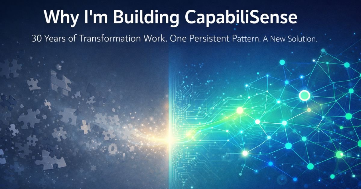 “Professional hero image illustrating the journey from transformation chaos to capability clarity. The left side shows abstract scattered puzzle pieces and disconnected nodes in muted gray and blue tones representing organizational capability fog. The center features a glowing transition beam with AI-inspired circuit lines organizing the chaos. The right side displays a clear, connected capability map with bright teal, green, and electric blue nodes symbolizing capability intelligence and strategic clarity. Headline text reads ‘Why I’m Building CapabiliSense’ with a subheadline about 30 years of transformation work.”