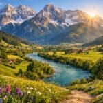 Panoramic golden-hour view of Austria’s Enns Valley with the snow-capped Dachstein Mountains under a blue sky, a turquoise Enns River winding through green alpine meadows filled with wildflowers, traditional timber chalets in the valley, and a hiking trail with a wooden signpost in the foreground.