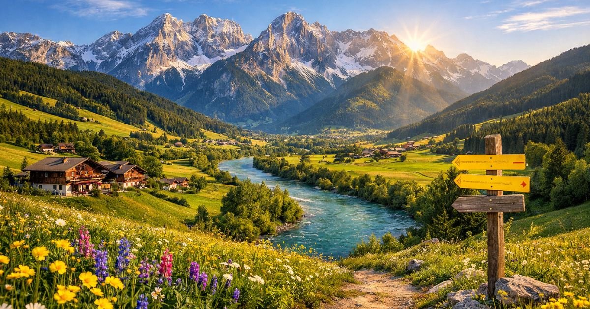 Panoramic golden-hour view of Austria’s Enns Valley with the snow-capped Dachstein Mountains under a blue sky, a turquoise Enns River winding through green alpine meadows filled with wildflowers, traditional timber chalets in the valley, and a hiking trail with a wooden signpost in the foreground.