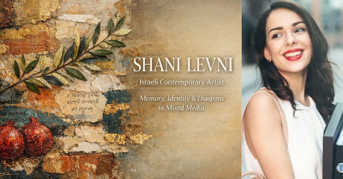 “Shani Levni mixed-media artwork with layered textures, olive branch and pomegranate symbolism, and gold leaf accents, representing themes of memory, identity, and diaspora by an Israeli contemporary artist.”