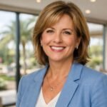 Professional portrait of a friendly female community manager in her late 40s to early 50s, smiling warmly in business-casual attire inside a modern Australian lifestyle resort community center, with large windows and landscaped gardens visible in the background under natural light.