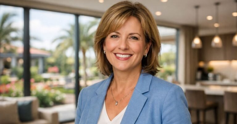 Professional portrait of a friendly female community manager in her late 40s to early 50s, smiling warmly in business-casual attire inside a modern Australian lifestyle resort community center, with large windows and landscaped gardens visible in the background under natural light.