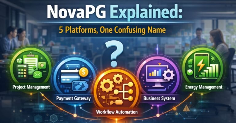 Illustration showing five different NovaPG platforms—project management, payment gateway, workflow automation, business system, and energy management—highlighting why the NovaPG name is confusing.