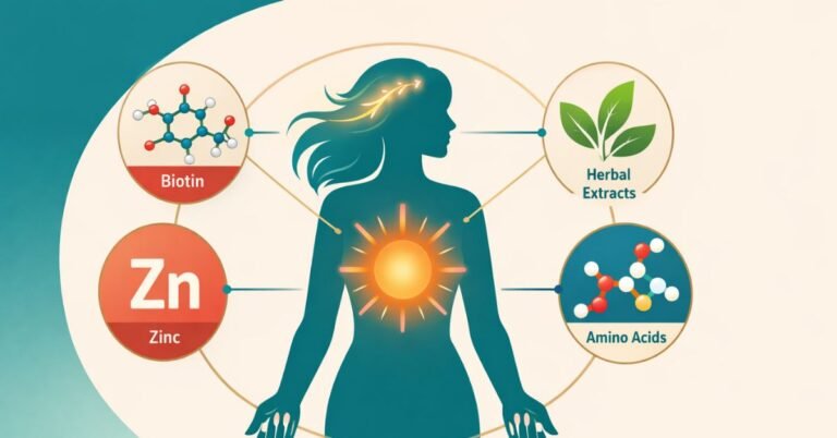 Pentagonal health supplement infographic showing hair, skin and nails benefits with biotin, zinc, amino acids and herbal extracts