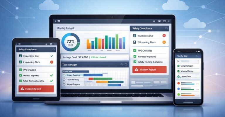 MyHarness digital control platform displayed on laptop, tablet, and smartphone, showing integrated dashboards for financial budgeting, safety compliance, and productivity management on a modern cloud-based interface.
