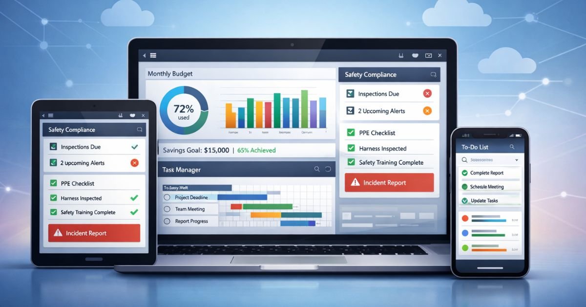 MyHarness digital control platform displayed on laptop, tablet, and smartphone, showing integrated dashboards for financial budgeting, safety compliance, and productivity management on a modern cloud-based interface.