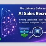 Infographic-style featured image for a B2B article showing the intersection of AI technology and sales recruiting, with abstract neural network graphics on the left and the headline “The Ultimate Guide to AI Sales Recruiting” on the right, plus icons representing candidate search, assessment, and AI sales expertise.