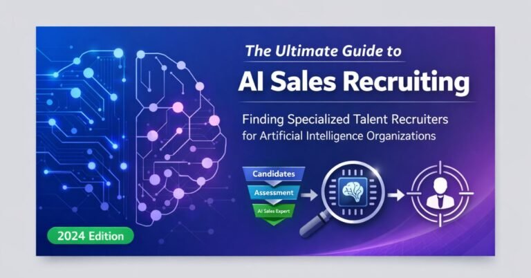 Infographic-style featured image for a B2B article showing the intersection of AI technology and sales recruiting, with abstract neural network graphics on the left and the headline “The Ultimate Guide to AI Sales Recruiting” on the right, plus icons representing candidate search, assessment, and AI sales expertise.