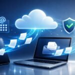 Trucofax cloud-based digital fax service illustrating secure online faxing from a laptop and smartphone with documents flowing through a protected cloud network.”