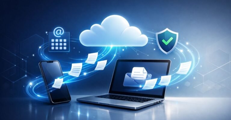 Trucofax cloud-based digital fax service illustrating secure online faxing from a laptop and smartphone with documents flowing through a protected cloud network.”