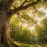 Majestic champion white oak tree photographed from a low angle in an Ohio forest, showcasing massive trunk girth, sprawling canopy, dappled sunlight, and a natural woodland trail—an awe-inspiring example of Lewis Center Ohio champion trees.