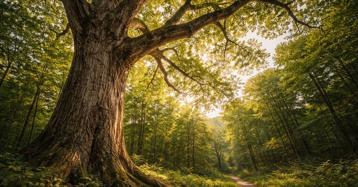 Majestic champion white oak tree photographed from a low angle in an Ohio forest, showcasing massive trunk girth, sprawling canopy, dappled sunlight, and a natural woodland trail—an awe-inspiring example of Lewis Center Ohio champion trees.