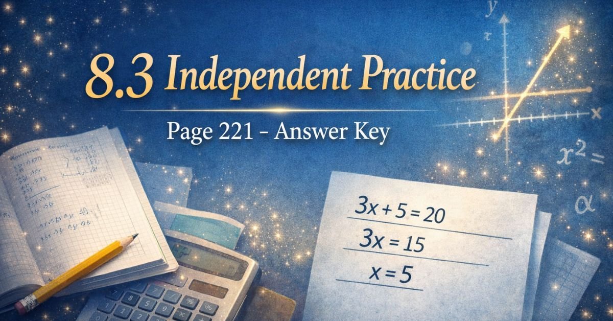 8.3 independent practice page 221 answer key shown with step-by-step math solution, calculator, and notebook in a classroom-style layout