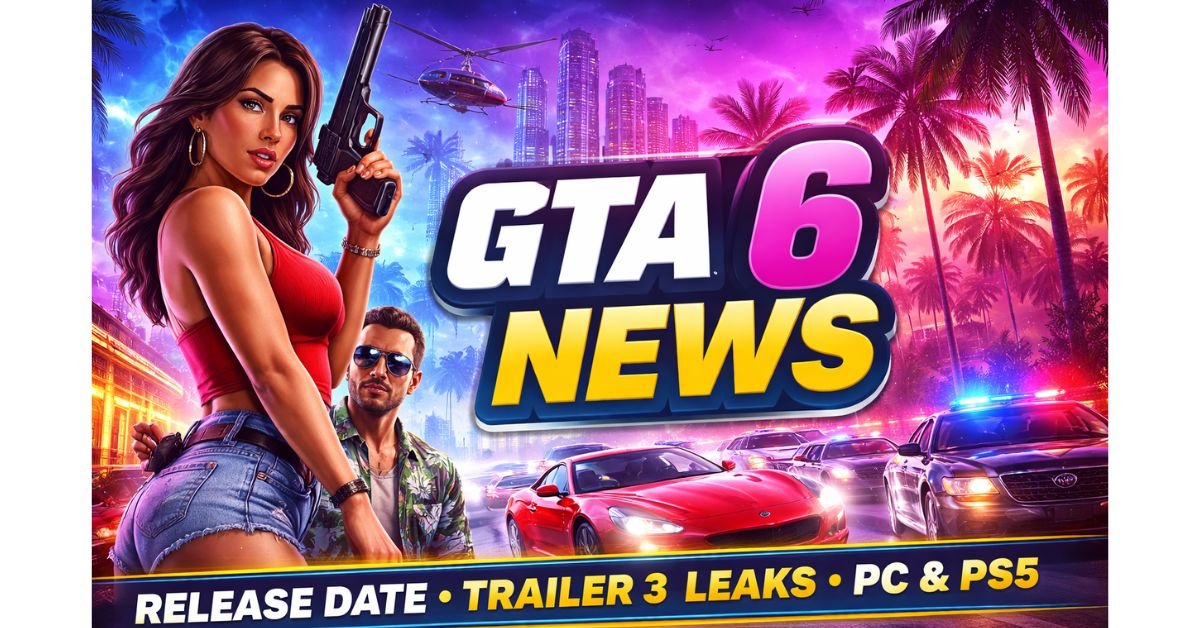 GTA 6 news featured image showing Vice City cityscape, main characters, police chase, sports car, and neon Grand Theft Auto VI artwork