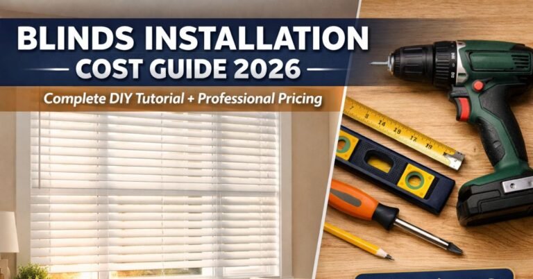 “Blinds installation cost guide 2026 featured image showing white faux wood blinds in a modern living room and installation tools with pricing from $35 to $500 per window.”