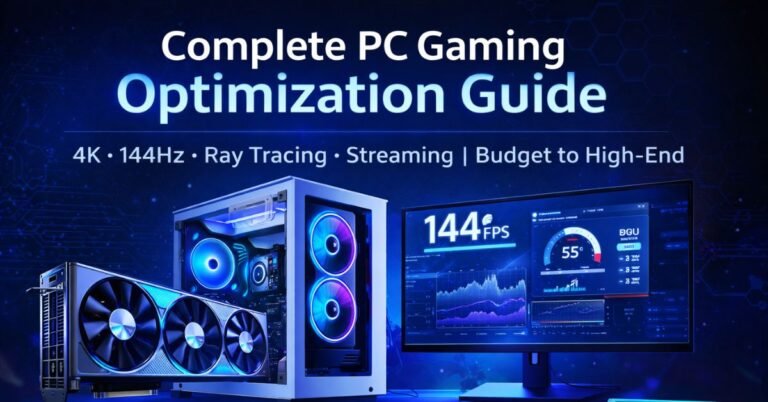 Modern gaming PC optimization setup featuring RGB gaming desktop, high-performance GPU, and gaming monitor displaying 144 FPS performance metrics for 4K, 144Hz, ray tracing, and streaming optimization.