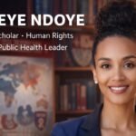 Ouleye Ndoye, a confident African American public health scholar, photographed in a professional academic setting with bookshelves and a global health map in the background, wearing a navy blazer and smiling under warm, professional lighting.