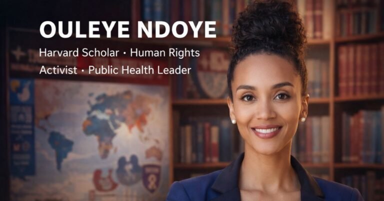 Ouleye Ndoye, a confident African American public health scholar, photographed in a professional academic setting with bookshelves and a global health map in the background, wearing a navy blazer and smiling under warm, professional lighting.