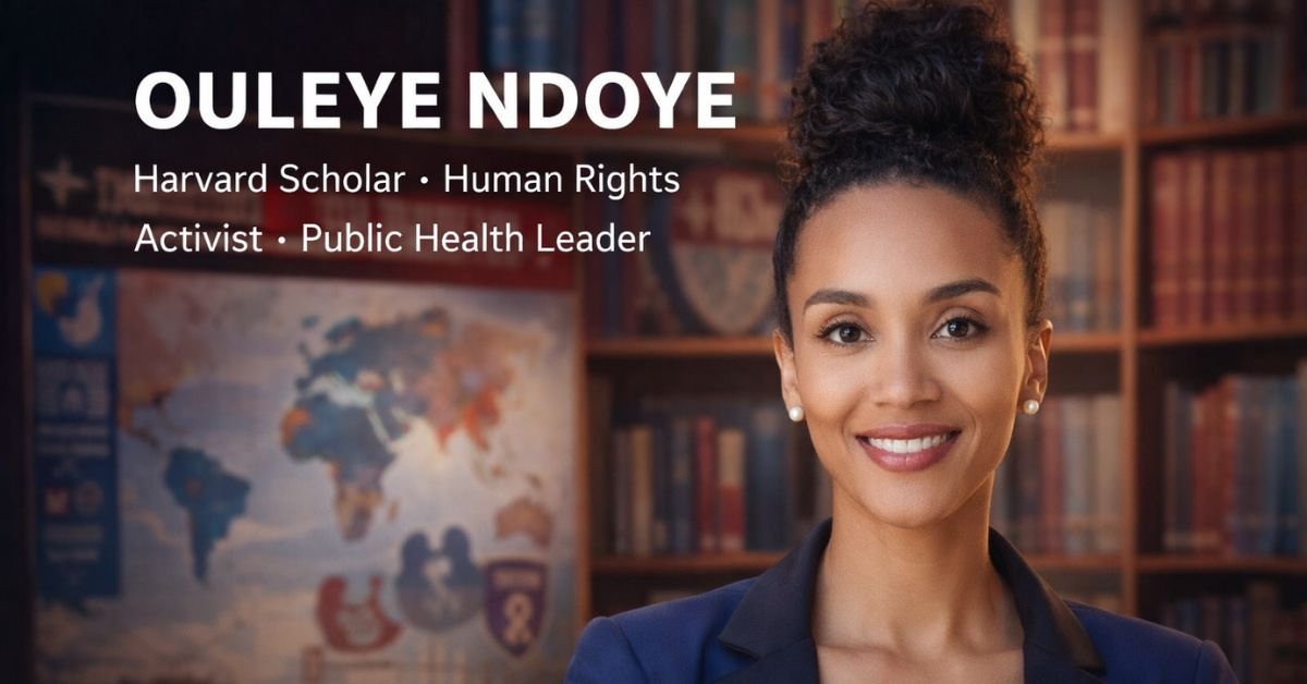Ouleye Ndoye, a confident African American public health scholar, photographed in a professional academic setting with bookshelves and a global health map in the background, wearing a navy blazer and smiling under warm, professional lighting.