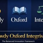 Modern three-panel blog featured image illustrating the Rowdy Oxford Integris framework, with a golden flame labeled “Rowdy,” an open book labeled “Oxford,” and a balanced scale labeled “Integris” on navy backgrounds, and the title “Rowdy Oxford Integris – The Balanced Innovation Framework” displayed below in elegant gold and white typography.