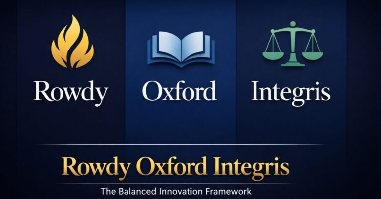 Modern three-panel blog featured image illustrating the Rowdy Oxford Integris framework, with a golden flame labeled “Rowdy,” an open book labeled “Oxford,” and a balanced scale labeled “Integris” on navy backgrounds, and the title “Rowdy Oxford Integris – The Balanced Innovation Framework” displayed below in elegant gold and white typography.