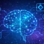 Futuristic AI technology illustration showing a glowing digital brain with neural networks and holographic icons representing artificial intelligence applications.