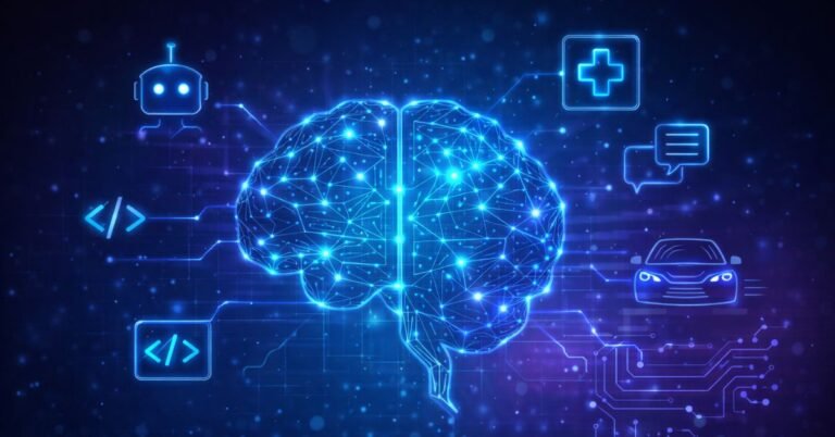 Futuristic AI technology illustration showing a glowing digital brain with neural networks and holographic icons representing artificial intelligence applications.