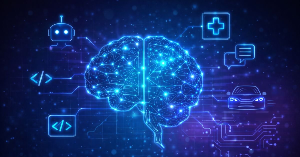 Futuristic AI technology illustration showing a glowing digital brain with neural networks and holographic icons representing artificial intelligence applications.