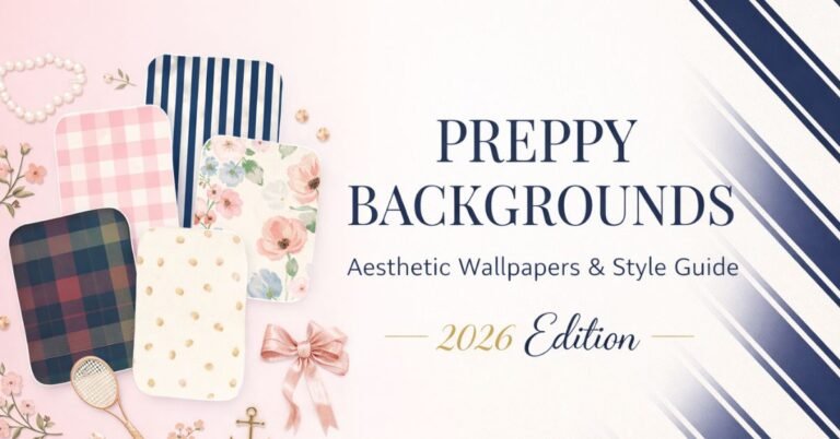 “Preppy background aesthetic banner featuring pink gingham, navy stripes, floral patterns, gold accents, and elegant typography for preppy backgrounds 2026.”