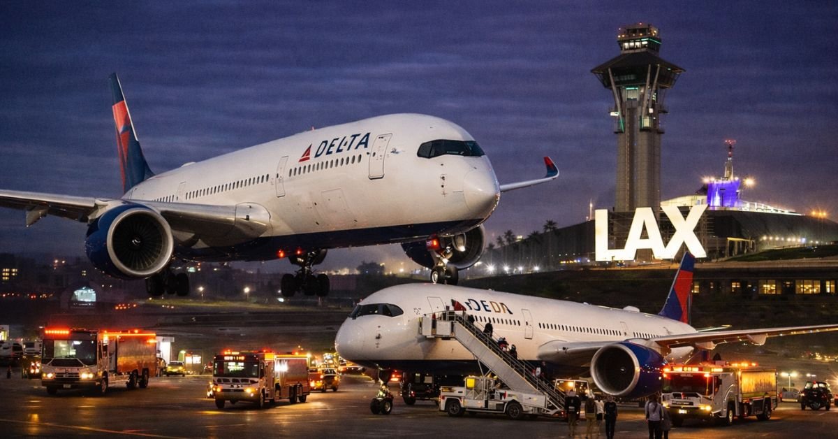 Delta Air Lines Airbus A350 parked at Los Angeles International Airport at night, with emergency vehicles nearby and the LAX control tower illuminated in the background after a flight diversion.