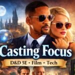 Featured image illustrating casting focus, showing a D&D wizard holding a magical focus, characters from the 2015 film Focus, and technical elements like a camera and microscope.