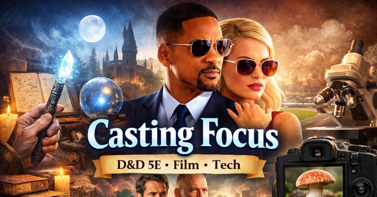 Featured image illustrating casting focus, showing a D&D wizard holding a magical focus, characters from the 2015 film Focus, and technical elements like a camera and microscope.