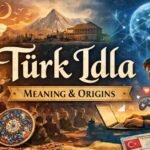 Illustration showing the concept of Türk Idla, blending traditional Turkish folk culture with modern digital identity, featuring a storyteller, traditional instruments, and a young person using a laptop.