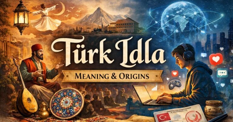 Illustration showing the concept of Türk Idla, blending traditional Turkish folk culture with modern digital identity, featuring a storyteller, traditional instruments, and a young person using a laptop.