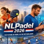 NLPadel 2026 featured image showing padel players on a glass court in the Netherlands with smart racket technology, AI match analytics, and Dutch landmarks symbolizing the future of padel.