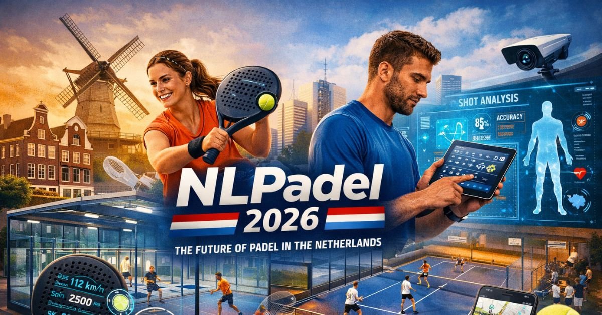 NLPadel 2026 featured image showing padel players on a glass court in the Netherlands with smart racket technology, AI match analytics, and Dutch landmarks symbolizing the future of padel.