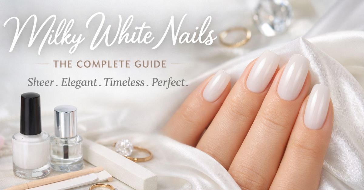 Milky white nails with a sheer, elegant finish on almond-shaped nails, styled with soft neutral tones and nail care tools for a clean, modern manicure look.