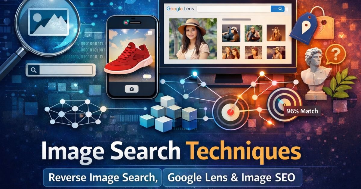 Illustration showing image search techniques with a magnifying glass, smartphone using Google Lens, computer screen with reverse image search results, and visual icons representing image SEO and AI-powered visual search.